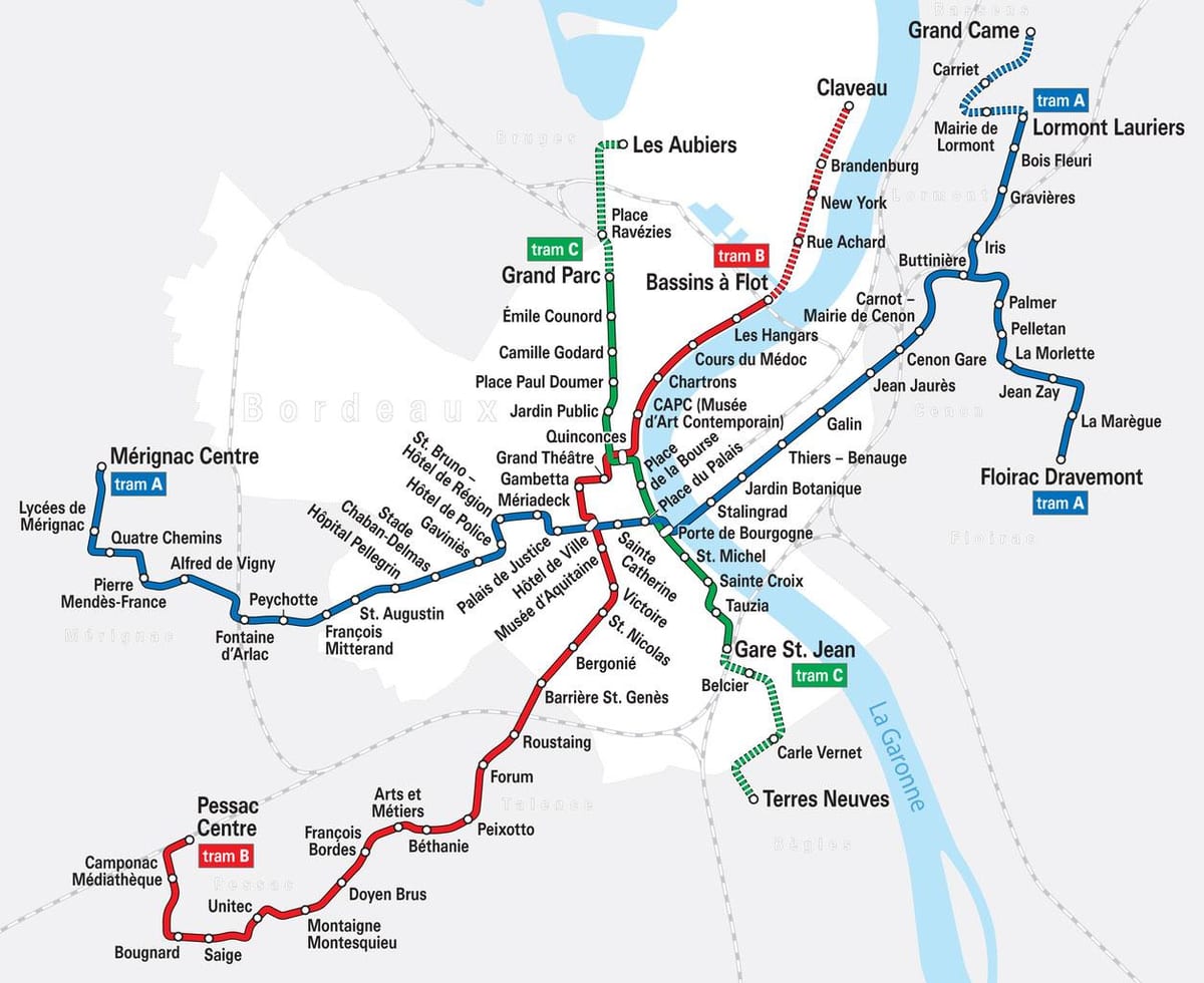 Bordeaux sistem de tramvai hartă