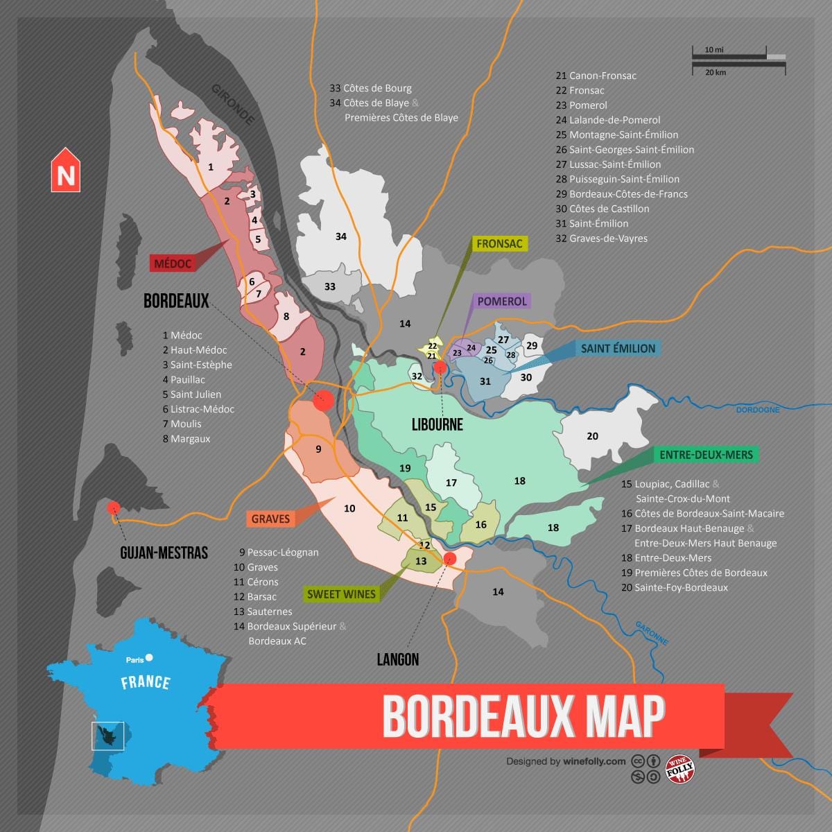 Țară vin Bordeaux arată hartă
