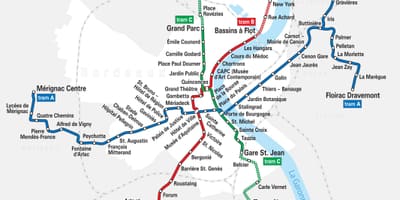 Bordeaux traseu de tramvai hartă