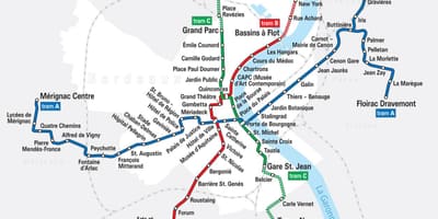 Bordeaux sistem de tramvai hartă